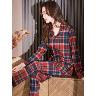 美梦睡衣春秋季女士100%纯棉长袖格子中老年妈妈新款可外穿家居服