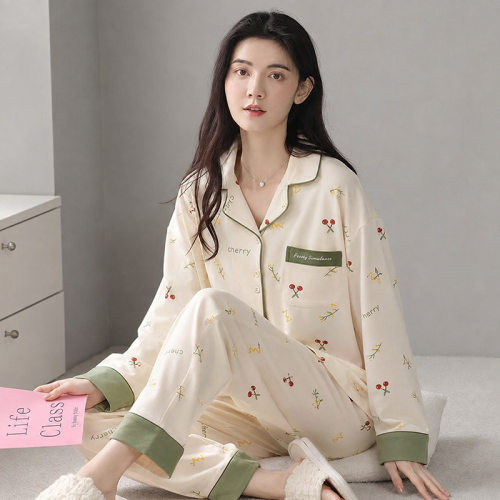 美梦睡衣女长袖长裤轻奢风甜美少女纯棉开衫翻领大码女士家居服套