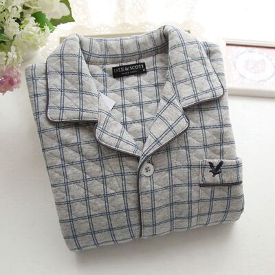 美梦日系格子男士睡衣纯棉空气层棉夹棉加厚家居服套装