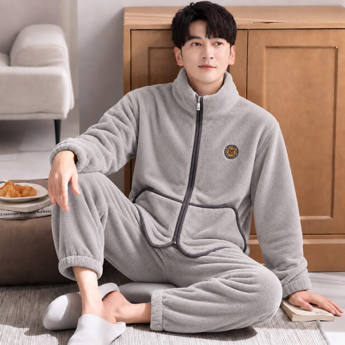 美梦拉链睡衣男士珊瑚绒秋冬季家居服加绒加厚法兰绒睡衣套装大码