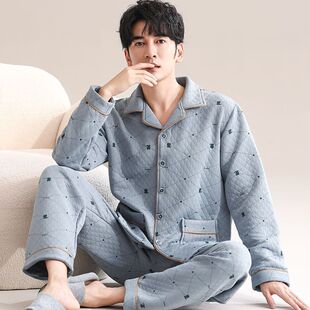 中老年爸爸家居服套装 加厚空气棉夹层大码 睡衣秋冬季 美梦纯棉男士
