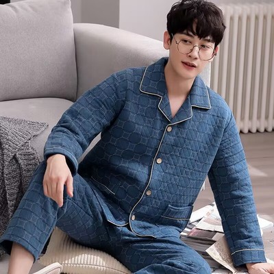 美梦男睡衣秋冬纯棉加厚薄夹棉加棉夹层套装空气棉中厚家居服春秋