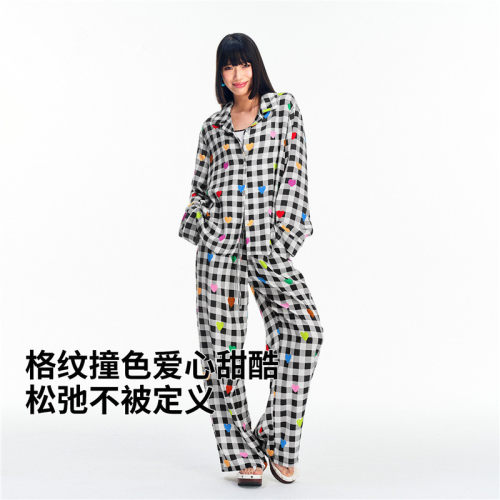 美梦女士家居服夏睡衣套装女纯棉柔软亲肤透气经典格纹可外穿长袖