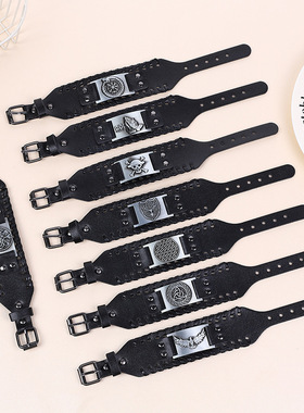 男士编织皮手链朋克老鹰图腾海贼王手环欧美维京宽皮手镯复古