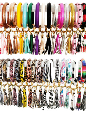 扎染色豹纹流苏吊坠PU手镯钥匙扣回旋踢蜜蜂菊花皮革手环