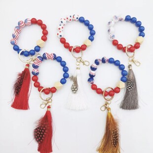 美国独立日汽车钥匙扣挂饰手包背包串珠挂链流苏羽毛吊坠可做手链