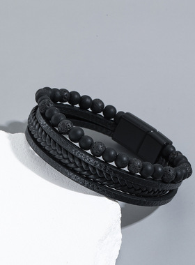 男款手工手链男士天然手链串珠手镯手串黑曜石编织亚马逊手饰