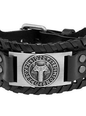 Temu热卖跨境 饰品北欧复古维京图腾皮手链奥丁标记男士皮手链