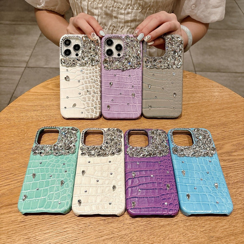 高级感鳄鱼纹皮质水钻15promax手机壳苹果15新款iphone15轻奢14防摔12硅胶14ProMax女13全包11小众