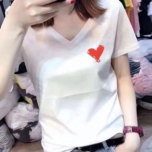 纯棉v领t恤女短袖宽松锁骨上衣心机设计感打底衫女夏季显瘦内搭潮