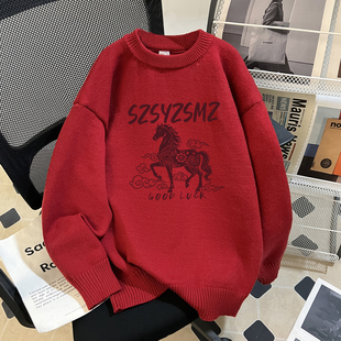胖MM松弛感宽松马儿图案设计百搭针织衫上衣新款百搭减龄毛衣外套