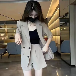 高级感西服女套装半袖中长款两粒扣开衫外套A字短裤子职业两件套