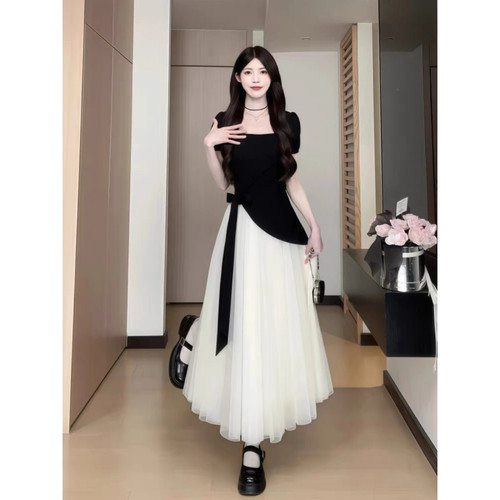 胖MM假两件雪纺拼接女A字长裙子韩版有长短款绑带设计短袖连衣裙