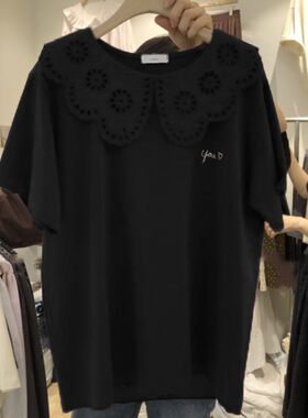 韩版纯色娃娃领宽松百搭上衣夏装中长款镂空蕾丝拼接打底体恤衫潮