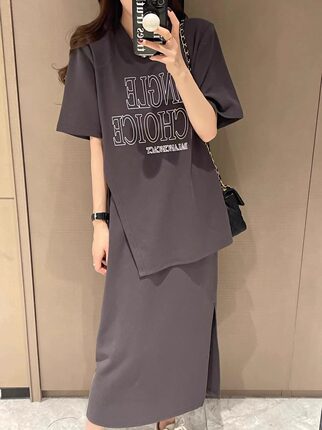 2024夏季时尚休闲运动两件套女字母短袖不规则上衣半身裙大码套装