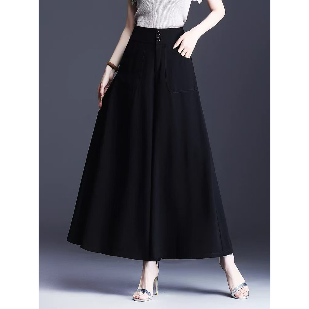 韩版显瘦垂感高腰阔腿长裤夏装大码纯黑色纯色女款高档九分裙裤子