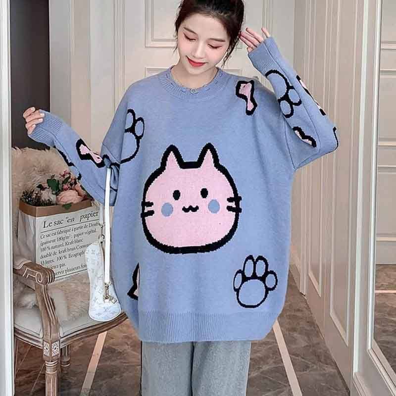 胖妹妹可爱松弛小猫咪图案毛衣内搭外套超好看宽松针织衫女上衣潮