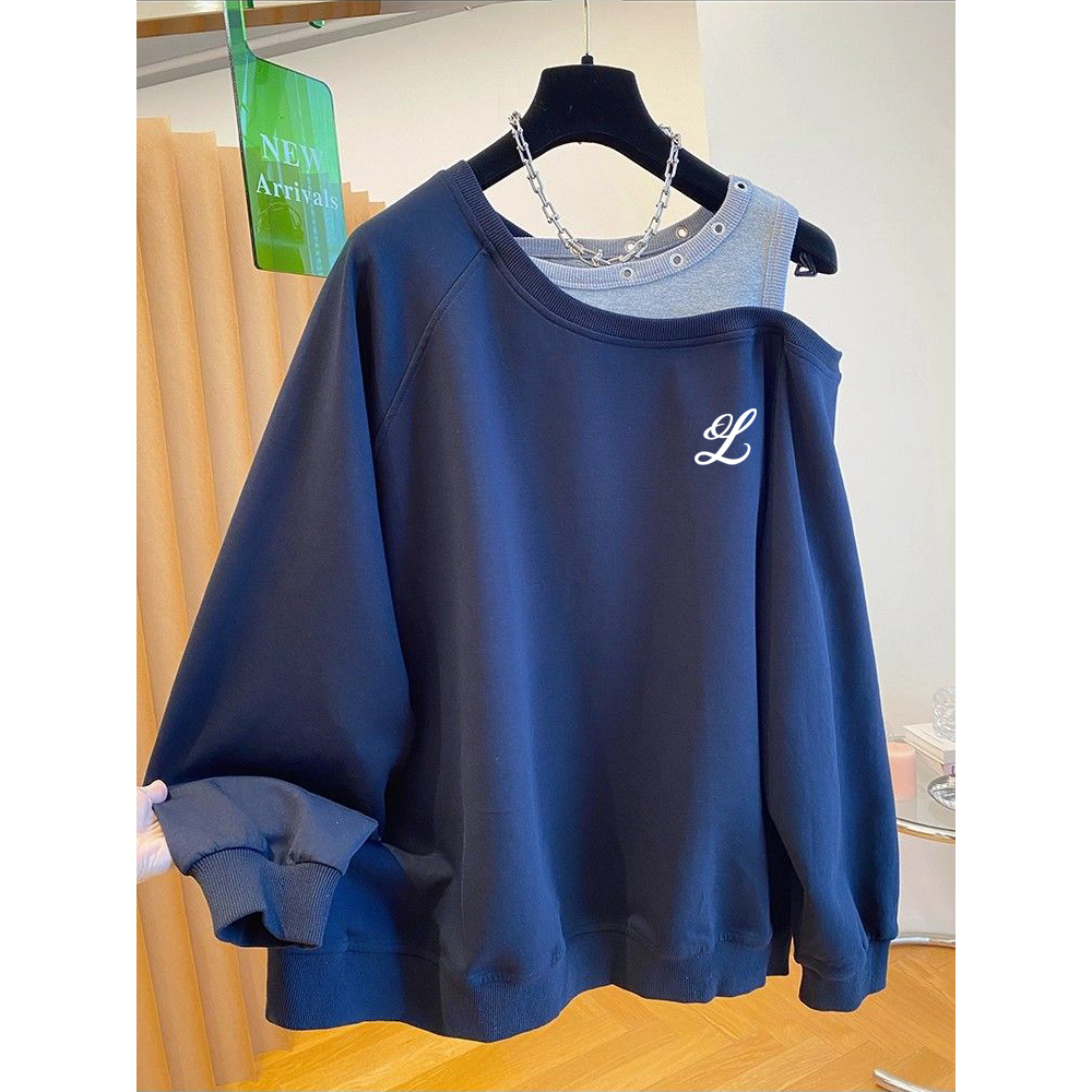 胖妹妹300斤大码假两件别致卫衣小外套韩版春秋款露肩女T恤衫上衣