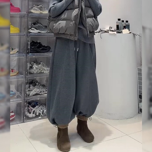 胖mm松弛高端纯色束脚长裤子韩版加绒加厚简约保暖女休闲灯笼卫裤