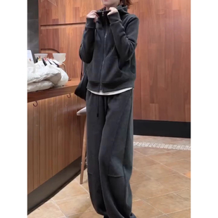 250斤胖MM秋冬装宽松加绒加厚开衫卫衣套装慵懒风女阔腿裤两件套