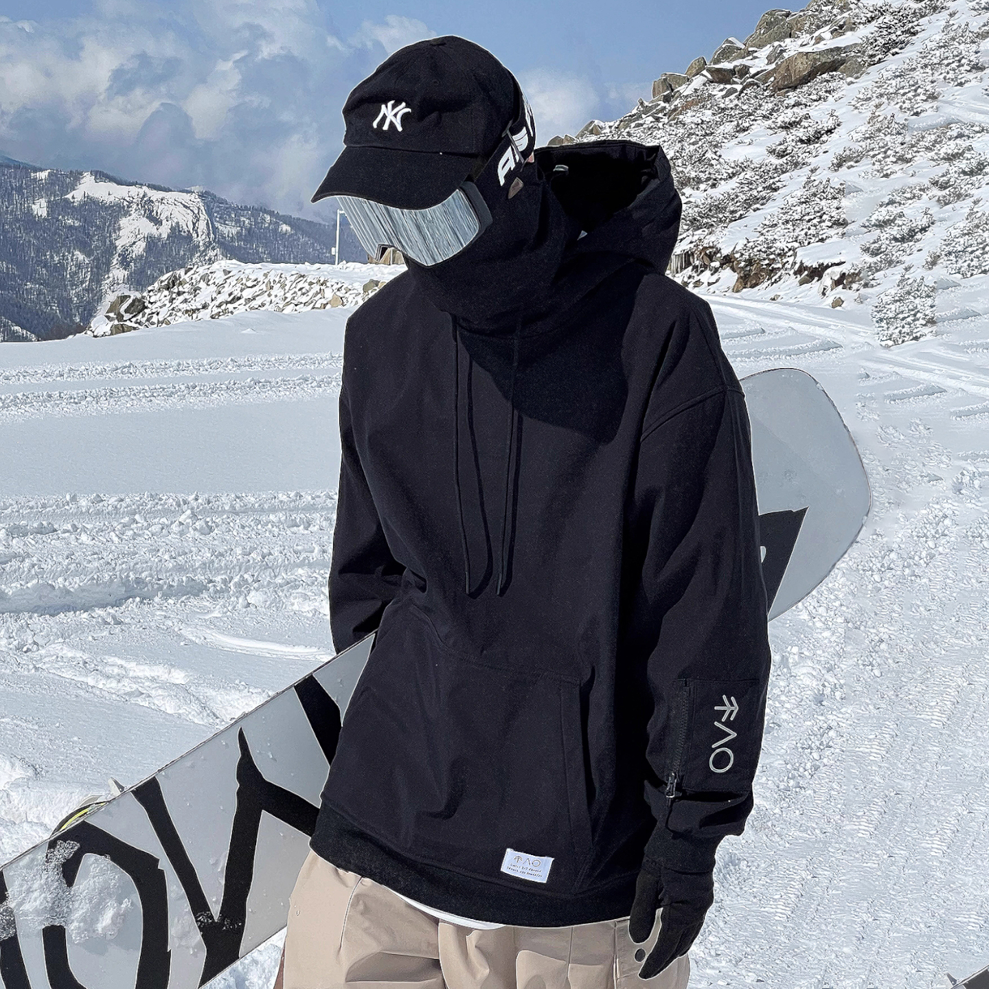 雪否 黑色单板滑雪防水over size宽松加绒 透气男女室内滑雪卫衣