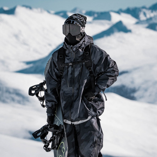 雪否 黑色印花滑雪套装加绒防水防风宽松oversize 单板全压胶套装