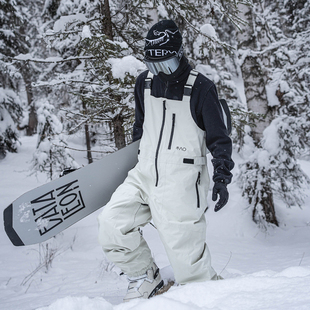 雪否 全压胶白色单板背带裤3L防水加绒透气滑雪 如厕系统背带裤