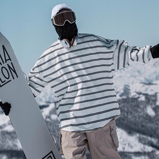 雪否 白条纹单板滑雪防水over size宽松加绒透气男女室内滑雪卫衣
