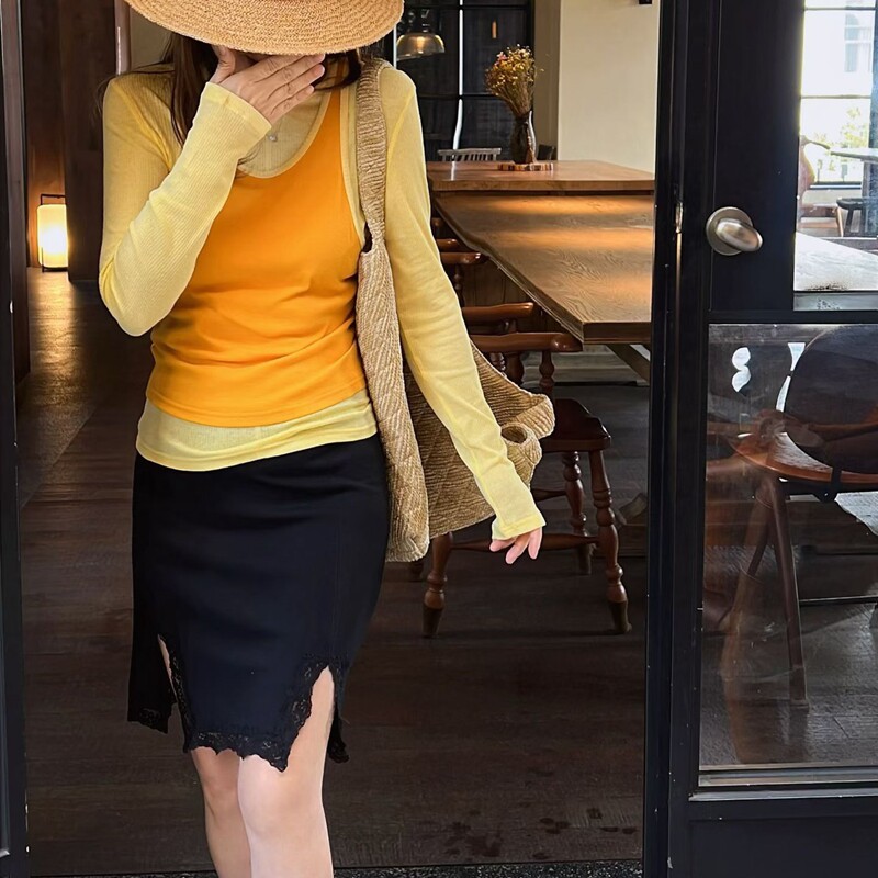 欧洲站BAOMIHUA爆米花早春款撞色背心叠穿长袖T恤女两件套打底衫