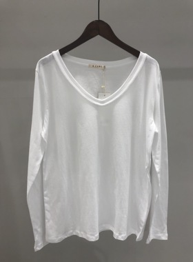 A.CEPT2024春秋韩版棉质纯色白色大V领T恤女长袖宽松上衣打底衣