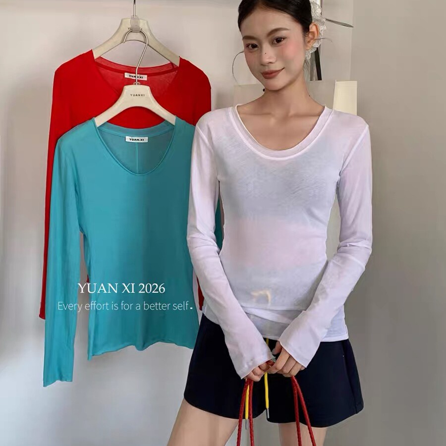 YUANXI元熙韩版薄款纯色修身显瘦圆领长袖面膜T恤女春夏防晒衫潮