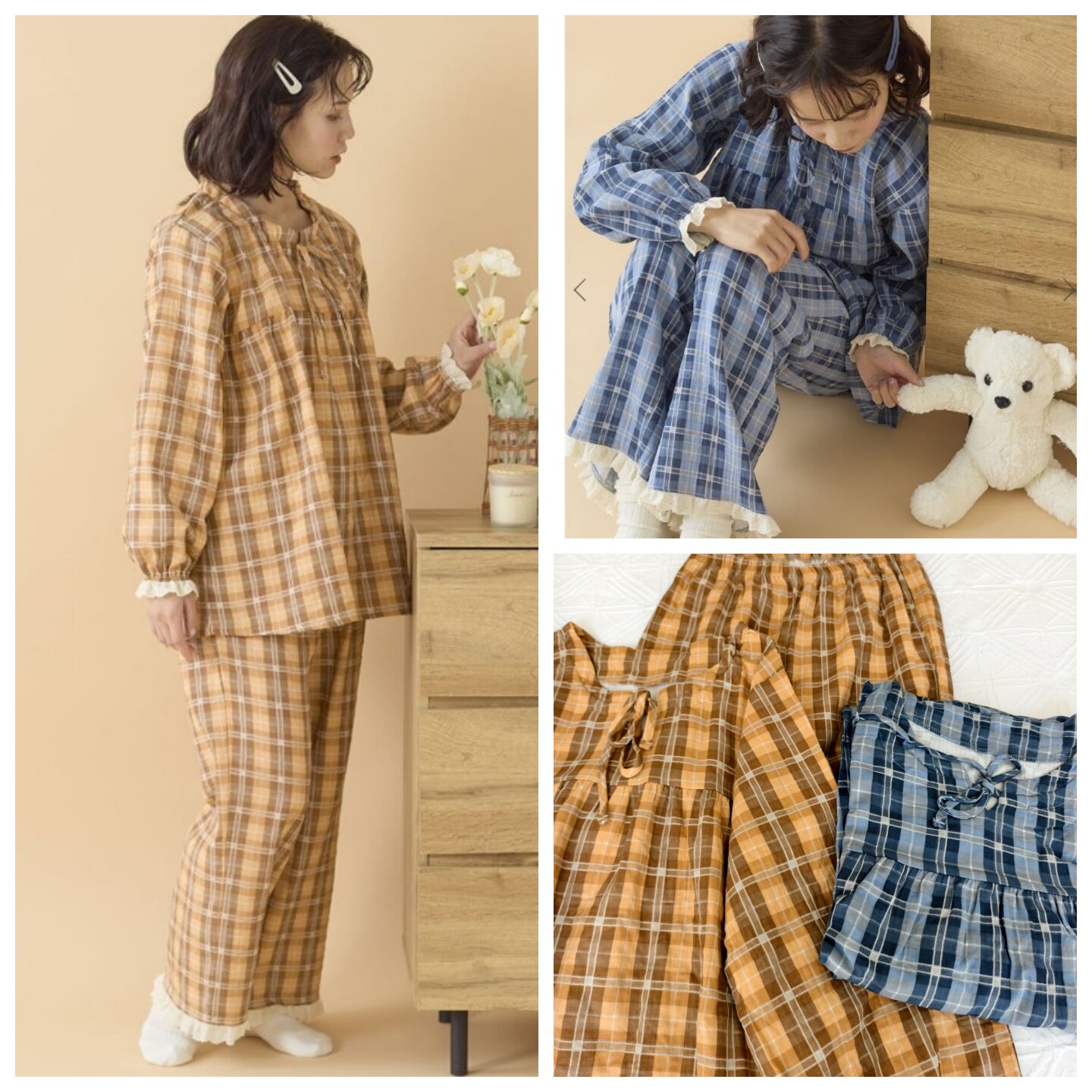 外贸tutu春秋新款日系复古焦糖格子睡衣女长袖长裤家居服套装包邮