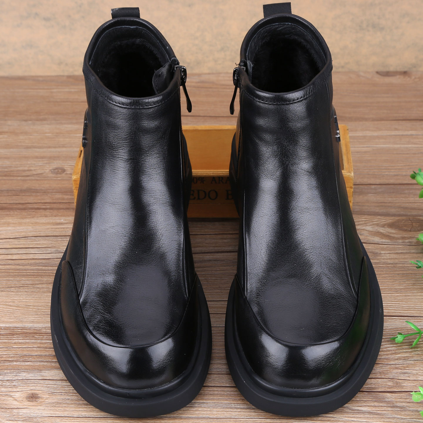 冬季新男皮棉鞋高帮保暖加绒加厚商务休闲皮靴厚底真皮短靴拉链