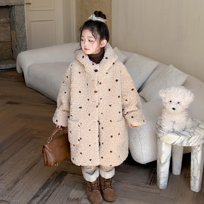 女童皮草外套2026冬新款连帽洋气儿童仿羊羔毛皮毛一体大衣中长款
