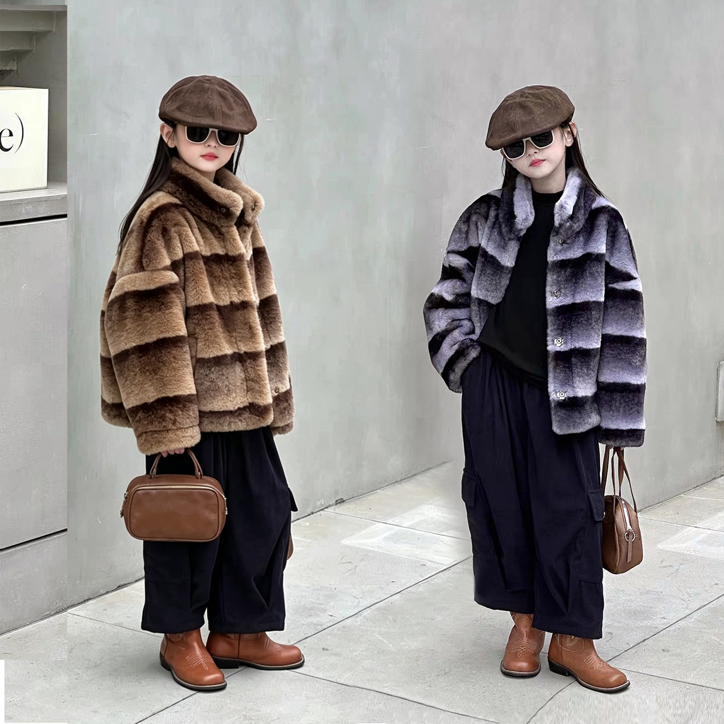 女童复古仿龙猫立领皮毛一体外套
