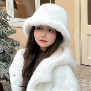 女童帽子2025冬季儿童洋气加厚保暖毛毛绒盆帽小女孩护耳渔夫帽子