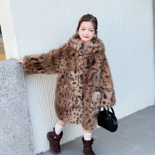 女童仿皮草外套2025冬装新款儿童豹纹洋气加棉中长款女孩毛毛大衣