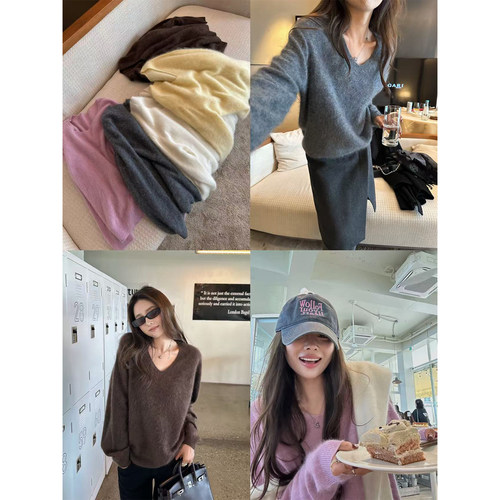 NanaByNana【静奢王牌】进口绵羊毛拉绒毛衣女春秋宽松V领上衣