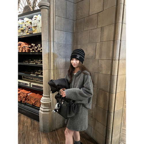 NanaByNana【奥法庄园】兔毛羊毛混纺连帽毛衣套装女秋短裤两件套