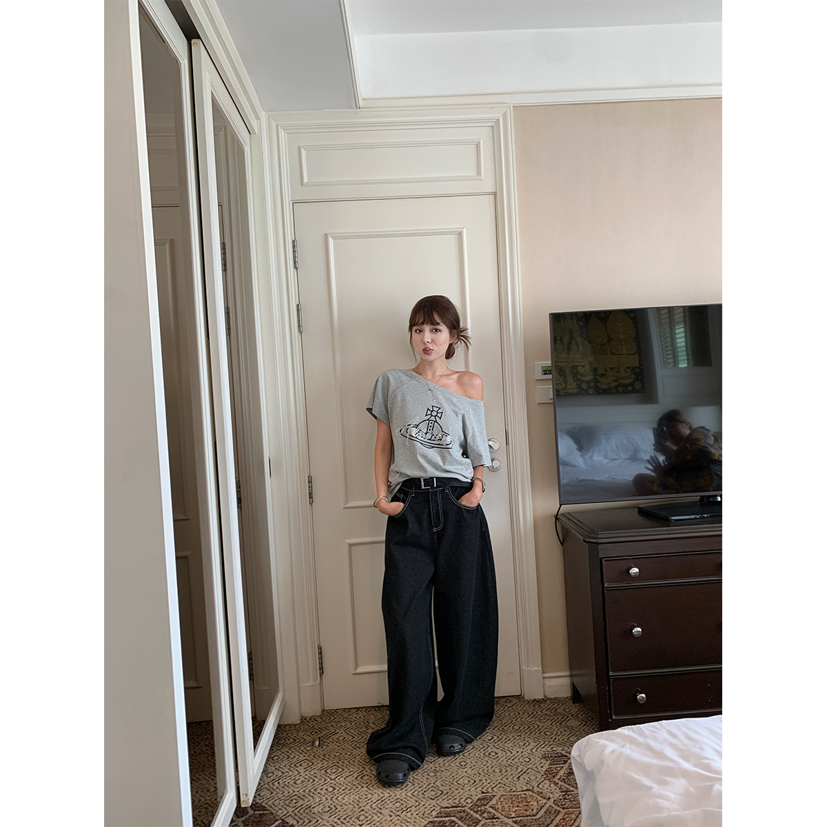 NanaByNana【巴洛克假日】复古明线直筒牛仔裤女夏宽松休闲拖地裤