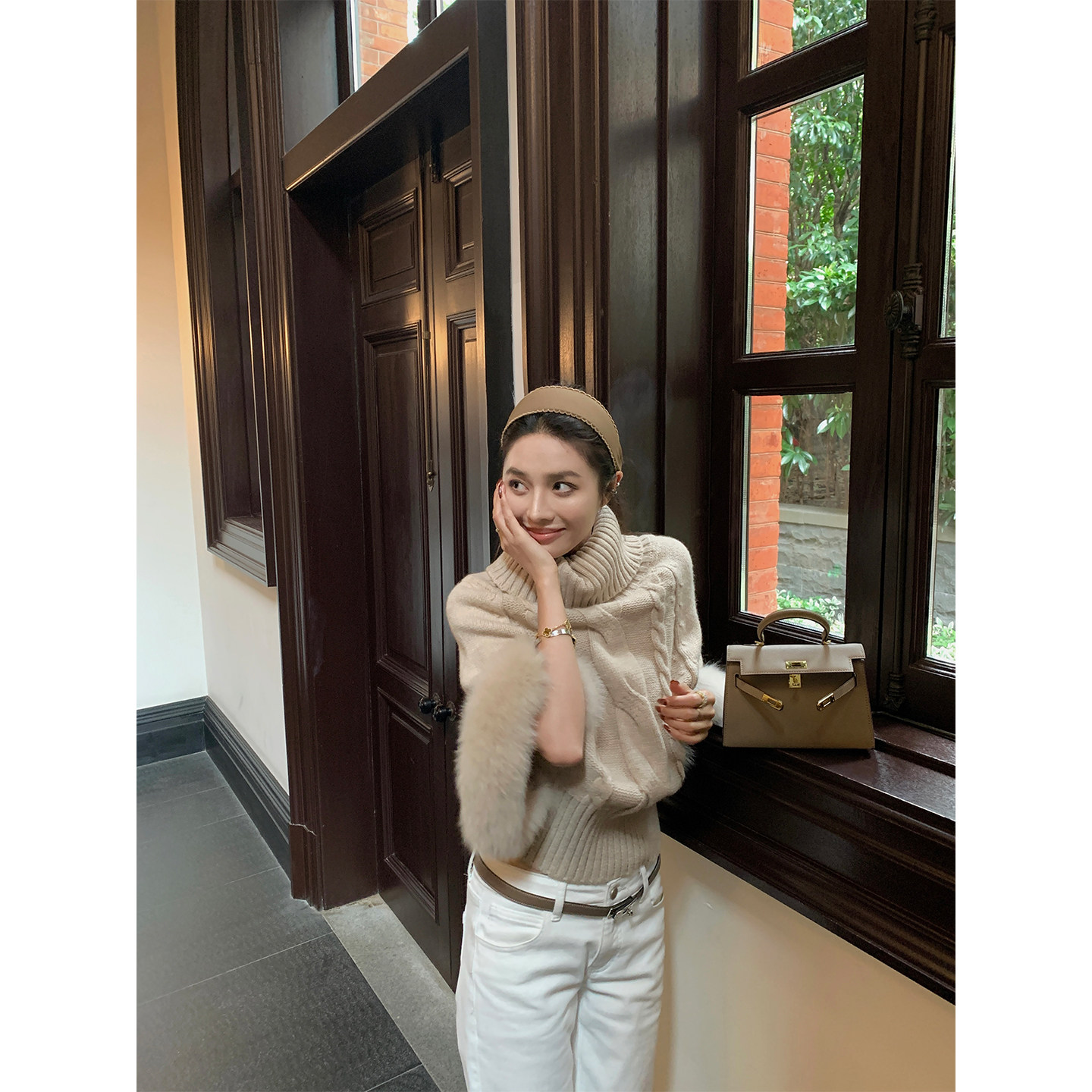 NanaByNana【香氛恋人】两穿麻花高领针织毛衣女秋拼接狐狸毛上衣