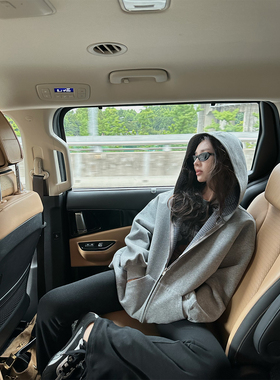 NanaByNana【Miu格时代】双层复合灰色连帽卫衣女春秋格纹外套