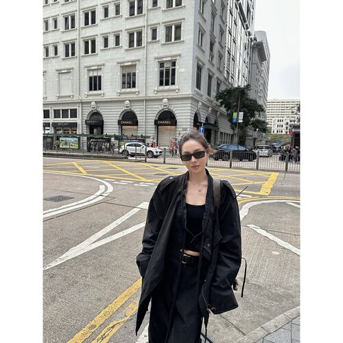 NanaByNana【聚焦调性】黑色洗水抽绳风衣女春设计感做旧荡领外套