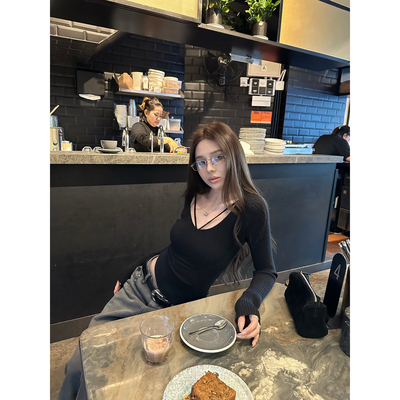 NanaByNana【爱丽丝】纯欲绑带v线修身针织衫女春长袖内搭打底衫