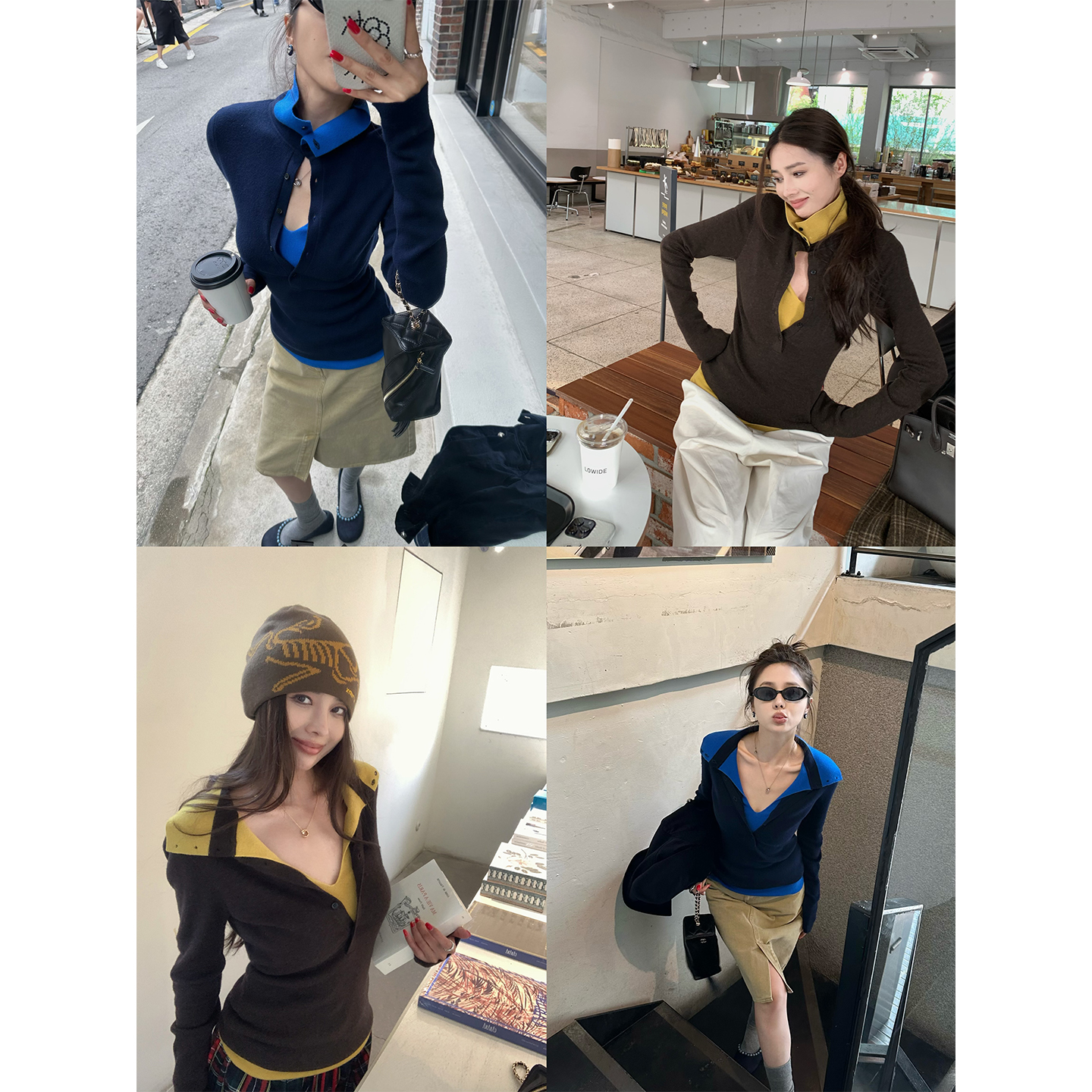 NanaByNana【马克达街区】撞色假两件针织衫女秋季修身显瘦打底衫