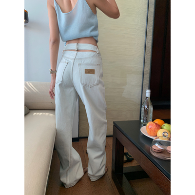 NanaByNana【7折福利】水洗牛仔裤女夏设计感后腰镂空显瘦直筒裤