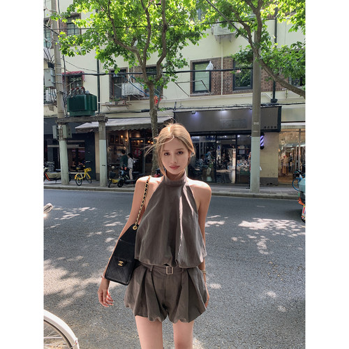 NanaByNana【jennie同款】天丝斜肩上衣女夏季露肩挂脖背心/短裤