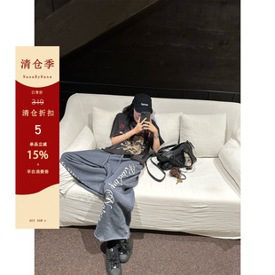 【5折粉丝福利】重工水洗做旧印花九分裤女夏季阔腿卫裤