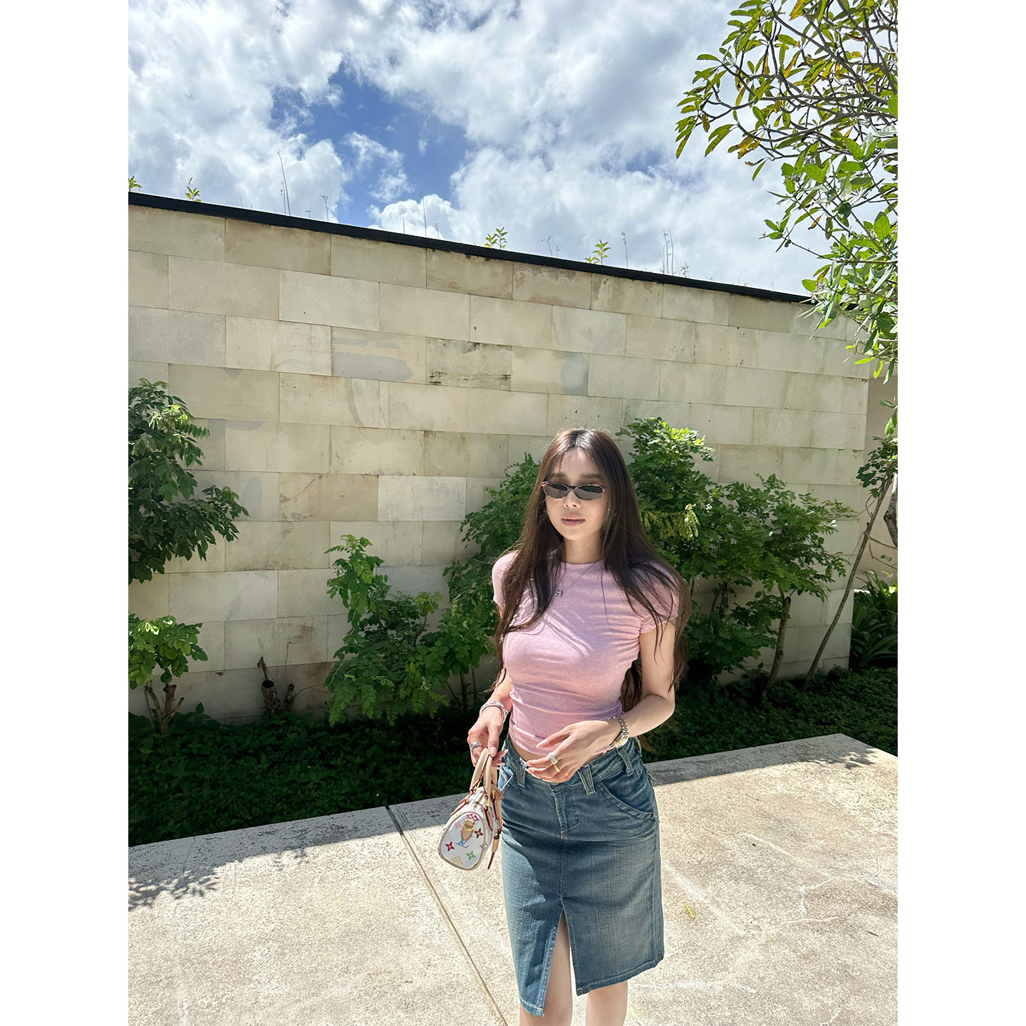 NanaByNana【美式单宁】手工压褶猫须牛仔半身裙女春夏开叉短裙