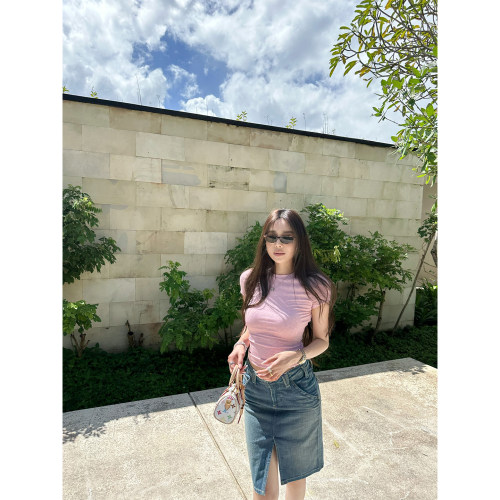 NanaByNana【美式单宁】手工压褶猫须牛仔半身裙女春夏开叉短裙